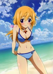 Rule 34 | 10s, 1girl, absurdres, arms behind back, beach, bikini, blonde hair, blue bikini, blush, breasts, charlotte dunois, cleavage, cloud, cowboy shot, day, highres, infinite stratos, jewelry, long hair, medium breasts, navel, necklace, ocean, official art, outdoors, pendant, purple eyes, scan, sky, smile, solo, swimsuit, water