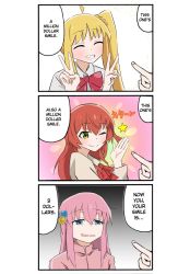 Rule 34 | 3koma, absurdres, ahoge, blonde hair, blue eyes, bocchi the rock!, bow, closed eyes, closed mouth, collared shirt, comic, cube hair ornament, detached ahoge, double v, english text, gotoh hitori, green eyes, hair between eyes, hair ornament, highres, homu (homuplush), ijichi nijika, jacket, kita ikuyo, long hair, long sleeves, meme, one eye closed, one side up, open mouth, pink hair, pink jacket, pointing, red bow, red eyes, red hair, sailor collar, school uniform, shirt, side ponytail, sidelocks, smile, track jacket, v, white sailor collar, white shirt