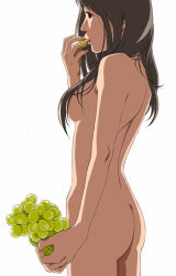 Rule 34 | 1girl, ass, ayukko (forest village), back, breasts, brown eyes, brown hair, censored, convenient censoring, eating, fingernails, food, fruit, grapes, hair censor, hair over breasts, long hair, medium breasts, nail, nail polish, nude, piitan aratame, solo