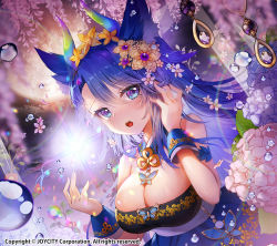 Rule 34 | 1girl, :o, animal ears, apple caramel, blue eyes, blue hair, breasts, cleavage, copyright request, water drop, flower, gem, hair flower, hair ornament, hands up, highres, horns, hydrangea, large breasts, long hair, looking at viewer, official art, petals, solo, upper body, wisteria, wristband