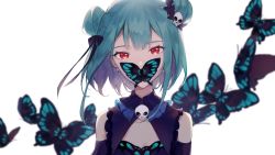 1girl, animal print, bangs, bare shoulders, blue dress, blurry, brooch, bug, butterfly, butterfly on face, butterfly print, depth of field, detached collar, double bun, dress, eyelashes, green hair, hair ornament, hair ribbon, hololive, insect, jewelry, looking at viewer, nara (syrufruit), red eyes, ribbon, short hair, sidelocks, skull hair ornament, skull necklace, solo, strapless, strapless dress, upper body, uruha rushia, virtual youtuber, white background
