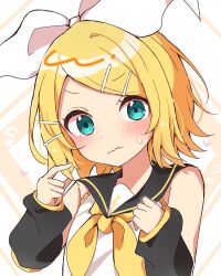 Rule 34 | 1girl, aqua eyes, black sailor collar, black sleeves, blonde hair, blush, bow, dani06685637224, detached sleeves, embarrassed, hair bow, hair ornament, hairclip, highres, kagamine rin, musical note, musical note print, neckerchief, pointing, pointing at self, puffy detached sleeves, puffy sleeves, sailor collar, shirt, short hair, solo, sweatdrop, treble clef, two-tone background, vocaloid, wavy mouth, white shirt, yellow neckerchief