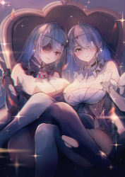 Rule 34 | 2girls, arm up, armchair, azur lane, black dress, black gloves, black legwear, blue eyes, blush, chair, closed mouth, crossed legs, dress, earrings, elbow gloves, emden (azur lane), eyepatch, feet out of frame, flower, gloves, hair ornament, jewelry, lips, long hair, looking at viewer, multiple girls, red eyes, red flower, red rose, rose, sea nami, siblings, sisters, sitting, smile, thighhighs, torn clothes, torn gloves, torn legwear, white dress, white flower, white hair, white rose