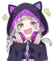 Rule 34 | 1girl, animal hood, blush, braid, bright pupils, commentary, headphones, headphones around neck, hololive, hood, ixy, long sleeves, looking at viewer, medium hair, murasaki shion, murasaki shion (school uniform), open mouth, simple background, single braid, solo, symbol-only commentary, upper body, virtual youtuber, white background, white hair, white pupils, yellow eyes