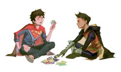 Rule 34 | 2boys, batman (series), belt, black hair, blue eyes, cape, card, card game, child, commentary, damian wayne, dark-skinned male, dark skin, dc comics, english commentary, full body, gloves, green eyes, green gloves, highres, holding, holding card, jonathan kent, male focus, multiple boys, open mouth, playing card, playing games, robin (dc), simple background, sitting, super sons, superboy, superhero costume, superman (series), torn clothes, uno (game), utility belt, wdyean, white background