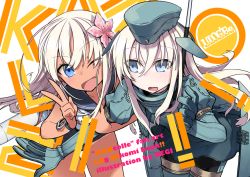 Rule 34 | 10s, 2girls, blonde hair, blue eyes, bodysuit, crop top, cropped jacket, dual persona, flower, garrison cap, hair flower, hair ornament, hat, kantai collection, leaning forward, long hair, long sleeves, military, military uniform, multiple girls, negi (ulog&#039;be), one-piece tan, one eye closed, open mouth, puffy long sleeves, puffy sleeves, ro-500 (kancolle), sailor collar, school swimsuit, snorkel, swimsuit, swimsuit under clothes, tan, tanline, u-511 (kancolle), uniform, v
