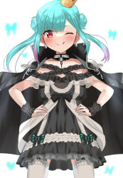Rule 34 | 1girl, ;q, bare shoulders, black dress, blunt bangs, blush, bow, bug, butterfly, closed mouth, colored tips, commentary, cowboy shot, crown, detached collar, double bun, dress, dress bow, earrings, gradient hair, green hair, grey legwear, hair bun, hands on own hips, highres, hololive, insect, jewelry, looking at viewer, multicolored hair, one eye closed, purple hair, red eyes, simple background, skull earrings, smile, solo, standing, tongue, tongue out, uruha rushia, uruha rushia (3rd costume), uuroncha, virtual youtuber, white background
