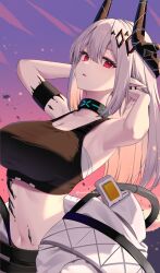 Rule 34 | 1girl, arknights, armpits, arms up, bare arms, bare shoulders, black horns, black sports bra, breasts, collarbone, commentary request, ear piercing, grey hair, hair between eyes, highres, horns, infection monitor (arknights), large breasts, linea alba, long hair, looking at viewer, mashita (kuzsat), material growth, midriff, mudrock (arknights), mudrock (elite ii) (arknights), navel, oripathy lesion (arknights), outdoors, parted lips, partial commentary, piercing, pointy ears, red eyes, solo, sports bra, twitter username, upper body