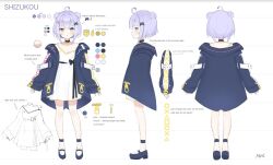 Rule 34 | 1girl, black bow, black footwear, black jacket, bow, character sheet, collarbone, color guide, commentary, controller hair ornament, double bun, dress, english commentary, flat chest, from behind, from side, hair bun, indie virtual youtuber, jacket, mint (psmin30), multiple views, official art, shizukou, shoes, short hair, sleeves past wrists, virtual youtuber, white background, white dress