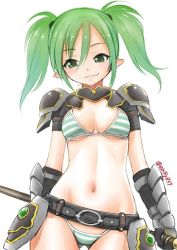 Rule 34 | 1girl, armor, belt, bikini, bikini day, black gloves, blue bikini, blush, breasts, closed mouth, contrapposto, copyright request, cowboy shot, ebifly, fang, fang out, faulds, gauntlets, gloves, gluteal fold, gorget, green eyes, green hair, hair between eyes, holding, holding weapon, looking at viewer, medium breasts, navel, pauldrons, pointy ears, short hair, shoulder armor, simple background, smile, solo, standing, striped bikini, striped clothes, swimsuit, twintails, weapon, white background