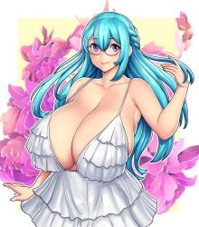 Rule 34 | 1girl, absurdres, blue hair, blush, borrowed character, braid, breasts, cleavage, closed mouth, collarbone, dress, erkaz, flower, french braid, gift art, glasses, hair between eyes, hair ornament, hairclip, highres, huge breasts, long hair, looking at viewer, meganeoppai, no bra, purple eyes, shiny clothes, shiny skin, short dress, sidelocks, skindentation, smile, solo, upper body, veins, veiny breasts