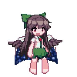 Rule 34 | 1girl, barefoot, bow, breasts, cape, feathered wings, full body, green bow, green skirt, hair bow, honyaa (honya--1123), long hair, lowres, open mouth, pixel art, red eyes, reiuji utsuho, shirt, simple background, skirt, small breasts, solo, third eye on chest, touhou, white background, white cape, white shirt, wings