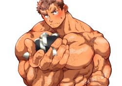 Rule 34 | 1boy, abs, anger vein, arm hair, bara, blush, broad shoulders, brown hair, chest hair, dark-skinned male, dark skin, facial hair, forked eyebrows, gift, goatee, goatee stubble, hairy, head tilt, highres, holding, holding gift, incoming gift, kizami nori to yamaimo, large hands, large pectorals, looking at viewer, male focus, mature male, muscular, muscular male, nervous, nervous sweating, nipples, nude, pectorals, scar on shoulders, short hair, sideburns, solo, stomach, stubble, sweat, takabushi kengo, thick eyebrows, tokyo houkago summoners, upper body, v-shaped eyebrows, veins, veiny arms