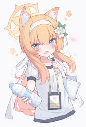 Rule 34 | 1girl, animal ear fluff, animal ears, blue archive, blue eyes, blush, bottle, breasts, collarbone, commentary, cropped torso, flower, fox ears, fox girl, hair flower, hair ornament, hairband, halo, highres, holding, holding bottle, long hair, looking at viewer, mari (blue archive), mari (track) (blue archive), nalphanne, official alternate costume, open mouth, orange hair, plastic bottle, ponytail, shirt, short sleeves, small breasts, solo, white hairband, white shirt, yellow halo