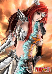 Rule 34 | 10s, 1girl, 2010, alternate form, armor, bikini armor, breasts, circlet, copyright name, elbow gloves, erza scarlet, fairy tail, gauntlets, gloves, head wings, highres, long hair, non-web source, orange eyes, red hair, solo, sparks, tattoo, transformation, undressing, wings