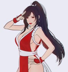 Rule 34 | bare arms, belt, breasts, cleavage, cosplay, earrings, fatal fury, final fantasy, final fantasy vii, hand on own hip, jewelry, lipstick, long hair, makeup, ninja, pelvic curtain, ponytail, red eyes, red lips, sash, shiranui mai, sideboob, smile, solo, square enix, the king of fighters, thighs, tifa lockhart, very long hair, voaleine