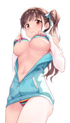Rule 34 | 1girl, 3:, bare shoulders, bikini, blue jacket, blush, breasts, brown eyes, brown hair, closed mouth, colored stripes, detached sleeves, from below, hands on own chest, highres, idolmaster, idolmaster shiny colors, jacket, kawaii hito, large breasts, long hair, long sleeves, looking at viewer, looking down, multicolored bikini, multicolored clothes, nail polish, navel, open clothes, open jacket, pink nails, side ponytail, simple background, solo, sonoda chiyoko, striped bikini, striped clothes, swimsuit, thighs, underboob, white background