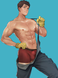 Rule 34 | 1boy, abs, absurdres, bad id, bad pixiv id, black pants, blue background, boxer briefs, brown hair, bulge, clothes pull, cowboy shot, erection, erection under clothes, firefighter, gloves, green eyes, hand on own hip, hand up, highres, large pectorals, legs apart, light smile, looking at viewer, male focus, male underwear, muscular, muscular male, naoki (xhju8282), navel, nipples, original, pants, pants pull, pectorals, red male underwear, short hair, simple background, solo, standing, suspenders, suspenders pull, topless male, underwear, yellow gloves