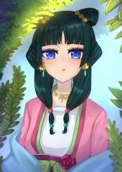 Rule 34 | 1girl, absurdres, black hair, blue eyes, branch, chinese clothes, earrings, highres, jewelry, kusuriya no hitorigoto, leaf, looking at viewer, maomao (kusuriya no hitorigoto), necklace, solo, straight-on, studiohaoto, upper body