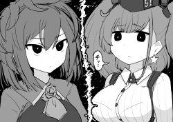 Rule 34 | 2girls, ascot, atlanta (kancolle), breasts, commentary request, dress shirt, earrings, flower, garrison cap, greyscale, hat, highres, jewelry, kantai collection, large breasts, long hair, military, military uniform, monochrome, multiple girls, rose, sheffield (kancolle), shirt, simoyuki, star (symbol), star earrings, suspenders, two side up, uniform, upper body
