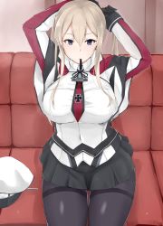 Rule 34 | 10s, 1girl, absurdres, arms up, black gloves, black pantyhose, black ribbon, black skirt, blonde hair, blue eyes, breasts, capelet, closed mouth, collared jacket, commentary request, couch, covered navel, cross, expressionless, gloves, graf zeppelin (kancolle), hair between eyes, hair tie, hat, highres, indoors, iron cross, jacket, kantai collection, large breasts, long hair, long sleeves, looking down, maruyaa (malya1006), military, military hat, military uniform, miniskirt, mouth hold, neck ribbon, necktie, pantyhose, peaked cap, red necktie, ribbon, sidelocks, signature, sitting, skirt, solo, taut clothes, thighband pantyhose, thighs, twintails, tying hair, uniform, unworn hat, unworn headwear, white capelet, white hat, white jacket