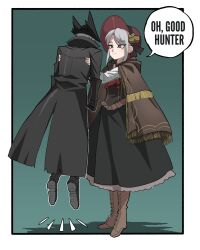 1girl 1other ambiguous_gender aqua_background black_cloak black_dress black_gloves black_hat bloodborne bonnet boots border brown_cape brown_footwear cape carrying carrying_person cloak closed_mouth commentary dress english_commentary english_text gloves grey_eyes grey_hair hat height_difference highres hunter_(bloodborne) long_sleeves looking_at_another outside_border plain_doll red_hat short_hair simple_background skinipik smile speech_bubble tall_female white_border