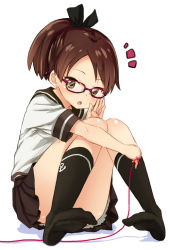 Rule 34 | 10s, 1girl, abe kanari, bespectacled, black socks, blush, brown eyes, brown hair, commentary request, fang, full body, glasses, hair ribbon, jewelry, kantai collection, kneehighs, knees together feet apart, long hair, looking at viewer, no shoes, open mouth, ponytail, red-framed eyewear, ribbon, ring, school uniform, serafuku, shikinami (kancolle), sitting, skirt, socks, solo, string, string of fate, wedding band