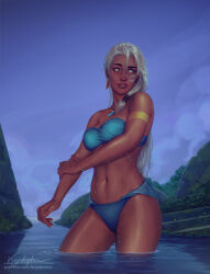 1girl armlet artist_name atlantis:_the_lost_empire bikini blue_bikini blue_eyes breasts facepaint grey_sky jewelry kidagakash krystopher_decker long_hair looking_to_the_side medium_breasts navel outdoors patreon_username signature sky solo swimsuit wading water watermark web_address white_hair