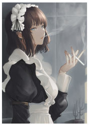 Rule 34 | 1girl, absurdres, apron, arm strap, black dress, black ribbon, blue eyes, border, brown hair, cigarette, dress, frilled headband, from side, hand up, highres, holding, holding cigarette, looking at viewer, maid, maid apron, maid headdress, marumoru, original, parted lips, ribbon, short hair, smoking, solo, upper body, white apron, white border