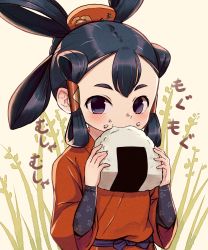 Rule 34 | 1girl, absurdres, black eyes, black hair, blush, commentary request, eating, food, food on face, hair ornament, hair rings, hair tubes, highres, holding, holding food, japanese clothes, long hair, minoshi, nori (seaweed), onigiri, rice, rice on face, sakuna-hime, short eyebrows, solo, tensui no sakuna-hime, upper body