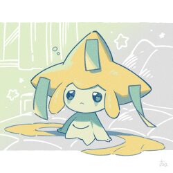 Rule 34 | arm support, bubble, closed mouth, commentary request, creatures (company), frown, full body, game freak, gen 3 pokemon, highres, jirachi, legendary pokemon, mythical pokemon, nintendo, no humans, omyo (myomyomyo22), pokemon, pokemon (creature), signature, sitting, solo, star (symbol)