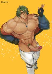 Rule 34 | 1boy, abs, alternate pectoral size, bara, dark-skinned male, dark skin, erection, foot out of frame, green hair, highres, jacket, jewelry, joe (sk8), large pectorals, large penis, looking at viewer, male focus, male pubic hair, male underwear, medium hair, muscular, muscular male, navel, navel hair, necklace, nipples, open clothes, open jacket, pants, pectorals, penis, pubic hair, red male underwear, robokeh, sk8 the infinity, solo, stomach, uncensored, v, white pants