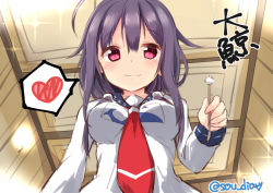 Rule 34 | 1girl, blush, breasts, closed mouth, from below, hair between eyes, heart, indoors, kantai collection, large breasts, long hair, long sleeves, looking at viewer, looking down, necktie, purple hair, red eyes, red necktie, smile, solo, sou (soutennkouchi), spoken heart, taigei (kancolle)