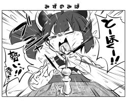 Rule 34 | 1girl, 1koma, blade, blunt bangs, comic, commentary request, drinking fountain, emphasis lines, faucet, floating hair, furrowed brow, greyscale, headgear, highres, japanese clothes, kimono, medium hair, monochrome, neon-tetora, obi, one eye closed, open mouth, sash, shouting, solo, spraying, touhoku kiritan, translation request, upper body, v-shaped eyebrows, voiceroid, water, wet, wide sleeves