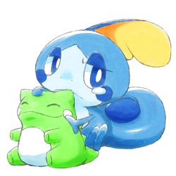 Rule 34 | blue eyes, bright pupils, closed mouth, commentary request, creatures (company), doll, frown, game freak, gen 8 pokemon, half-closed eyes, holding, holding doll, kinakomochi (kazuna922), looking back, nintendo, no humans, pokemon, pokemon (creature), simple background, sitting, sobble, solo, substitute (pokemon), white background, white pupils
