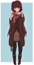 Rule 34 | 1girl, bad id, bad twitter id, black pantyhose, blush, boots, box, closed mouth, coat, commentary request, enpera, full body, gift, gift box, girls&#039; frontline, gloves, half updo, hiepita97, highres, long hair, long sleeves, looking at viewer, official alternate costume, pantyhose, purple hair, red eyes, red scarf, scarf, skirt, solo, standing, wa2000 (date in the snow) (girls&#039; frontline), wa2000 (girls&#039; frontline), white gloves