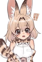 Rule 34 | 1girl, animal ear fluff, blouse, blush, bow, bowtie, breasts, extra ears, gloves, hair between eyes, high-waist skirt, highres, kemono friends, large breasts, looking at viewer, notora, print bow, print bowtie, print gloves, print neckwear, print skirt, serval, serval (kemono friends), serval print, shirt, simple background, skirt, sleeveless, sleeveless shirt, solo, traditional bowtie, upper body, white background, white shirt