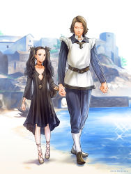 Rule 34 | 1boy, 1girl, 2012, artist name, barnaby (dragon&#039;s dogma), beach, belt, black dress, black eyes, black hair, bracelet, brown belt, brown footwear, brown hair, building, cliff, closed eyes, closed mouth, dragon&#039;s dogma, dragon&#039;s dogma (series), dress, flat chest, holding hands, jewelry, long sleeves, necklace, no eyebrows, outdoors, sand, selene (dragon&#039;s dogma), shoes, short hair, smile, twintails, water, wolfina