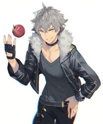 Rule 34 | 1boy, apple, asymmetrical gloves, belt, black gloves, chromatic aberration, collar, collarbone, ddal, ensemble stars!, fang, fingerless gloves, food, fruit, gloves, grey hair, grin, hand on own hip, highres, jacket, jewelry, looking at viewer, male focus, ogami koga, simple background, smile, solo, studded bracelet, studded collar, undead (ensemble stars!), uneven gloves, white background, yellow eyes