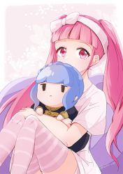 Rule 34 | 1girl, alternate costume, character doll, female focus, fire emblem, fire emblem: three houses, hilda valentine goneril, holding, knees up, long hair, marianne von edmund, matching hair/eyes, nintendo, pink eyes, pink hair, short sleeves, solo, striped clothes, striped thighhighs, thighhighs, twintails, twitter username, yutohiroya