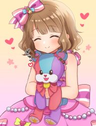 Rule 34 | 1girl, back bow, blush, bow, brown hair, child, closed eyes, commentary request, dot nose, dress, frilled dress, frills, gradient background, hair bow, hair ornament, heart, highres, holding, holding stuffed toy, idolmaster, idolmaster million live!, idolmaster million live! theater days, kahiika, pink background, pink bow, pink dress, short hair, sidelocks, sleeveless, sleeveless dress, smile, solo, star (symbol), star hair ornament, stuffed animal, stuffed toy, suou momoko, teddy bear, translation request, wavy hair, yellow background