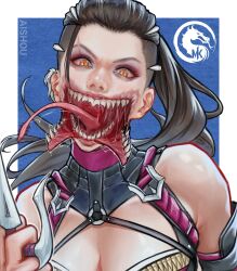 Rule 34 | 1girl, ai shou, artist name, black hair, blue background, border, breasts, cleavage, commentary, copyright notice, creepy, dagger, english commentary, eyeliner, highres, holding, holding dagger, holding knife, holding weapon, knife, long tongue, looking at viewer, makeup, mask, medium breasts, mileena (mortal kombat), mortal kombat (series), mortal kombat 1 (2023), mouth mask, ninja mask, no mask, open mouth, orange eyes, ponytail, sai (weapon), saliva, sharp teeth, slit pupils, solo, teeth, tongue, upper body, weapon, white border