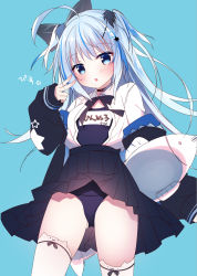 Rule 34 | 1girl, ahoge, animal ear legwear, black choker, black jacket, black skirt, blue background, blue eyes, blue hair, blue one-piece swimsuit, blush, bow, cat ear legwear, chestnut mouth, choker, collared shirt, commentary request, dress shirt, grey bow, hair bow, hair ornament, hairclip, high-waist skirt, highres, jacket, long hair, long sleeves, looking at viewer, multicolored hair, name tag, off shoulder, old school swimsuit, one-piece swimsuit, open clothes, open jacket, open shirt, original, parted lips, pleated skirt, school swimsuit, shiromochi sakura, shirt, simple background, skirt, sleeves past wrists, solo, star (symbol), star hair ornament, streaked hair, swimsuit, swimsuit under clothes, thighhighs, two side up, v, very long hair, white shirt, white thighhighs, x hair ornament
