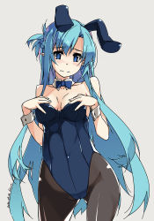 Rule 34 | 1girl, animal ears, artist name, asuna (sao), black pantyhose, blue bow, blue bowtie, blue eyes, blue hair, blue leotard, blush, bow, bowtie, breasts, closed mouth, commentary, covered navel, covering privates, covering breasts, cowboy shot, dated, detached collar, fake animal ears, frown, grey background, half updo, highres, leotard, long hair, looking at viewer, medium breasts, pantyhose, playboy bunny, pointy ears, rabbit ears, shikei, signature, simple background, solo, standing, strapless, strapless leotard, sword art online, symbol-only commentary, thighs, very long hair, wing collar, wrist cuffs