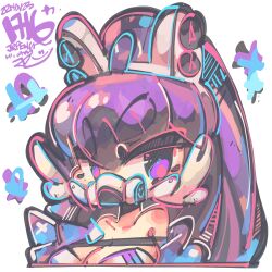 Rule 34 | 1girl, absurdres, bandeau, black hair, chibi, dated, goddess of victory: nikke, high ponytail, highres, holographic clothing, jacket, jrpencil, long hair, mask, mouth mask, purple eyes, purple hair, purple jacket, signature, sin (nikke), solo, strapless, upper body