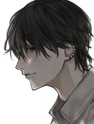 Rule 34 | 1boy, black eyes, black hair, chainsaw man, closed mouth, earrings, highres, hirofumi yoshida (chainsaw man), inuo (inuo x), jewelry, looking at viewer, male focus, portrait, simple background, smile, solo, upper body, white background