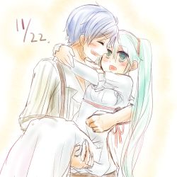 Rule 34 | 1boy, 1girl, aqua eyes, aqua hair, bad id, bad pixiv id, blouse, blue hair, carrying, couple, dress, evillious nendaiki, hair ribbon, hatsune miku, hetero, hug, husband and wife, kaito (vocaloid), laughing, long hair, majo salmhofer no toubou (vocaloid), moonlit bear (vocaloid), open clothes, open shirt, own hands clasped, own hands together, princess carry, ribbon, seasnow, shirt, short hair, smile, striped clothes, striped shirt, suspenders, twintails, very long hair, vocaloid, white dress