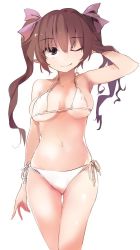 Rule 34 | 1girl, ;), alternate costume, arm at side, armpits, bare arms, bare shoulders, bikini, blush, breasts, brown eyes, brown hair, cleavage, collarbone, covered erect nipples, cowboy shot, eyebrows, hair ribbon, hand in own hair, hat, himekaidou hatate, kamukamu (ars), long hair, looking up, medium breasts, navel, one eye closed, pointy ears, purple hat, purple ribbon, ribbon, shiny skin, side-tie bikini bottom, sideboob, simple background, skindentation, smile, solo, standing, stomach, swimsuit, thigh gap, thighs, touhou, twintails, underboob, white background, white bikini, white ribbon