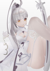 1girl absurdres cuffs dress gloves handcuffs highres nero_(user_frsz7384) open_mouth saki_fuwa_(tower_of_fantasy) saki_fuwa_(ultimate_pure_white)_(tower_of_fantasy) sword tower_of_fantasy weapon wedding_dress white_dress white_gloves white_hair yellow_eyes