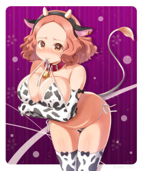 Rule 34 | 1girl, animal ears, animal print, atlus, bell, bikini, blush, breasts, collar, cow ears, cow horns, cow print, cow print bikini, cow print sleeves, cow print thighhighs, highres, horns, large breasts, neck bell, okumura haru, persona, persona 5, print bikini, print thighhighs, solo, swimsuit, tagme